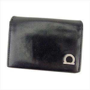 AUTH Salvatore Ferragamo Card Case Ganchini Black Silver leather Mens